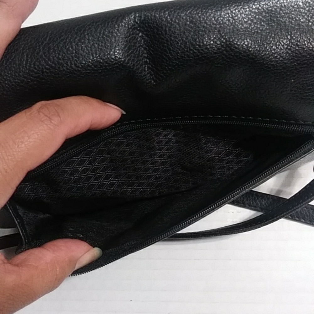 Women's Black Leather Wristlet Clutch with Crossbody Strap - Picture 8 of 8